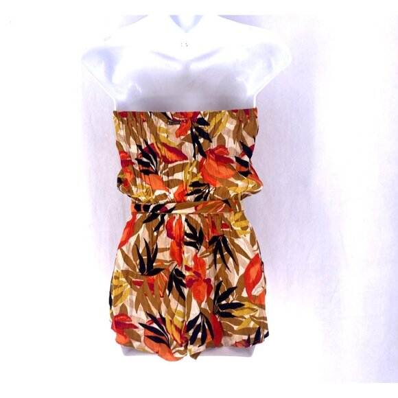 Billabong Romper M Orange Gold Floral Print Tube Belt Tie Retro 70s - Picture 3 of 7